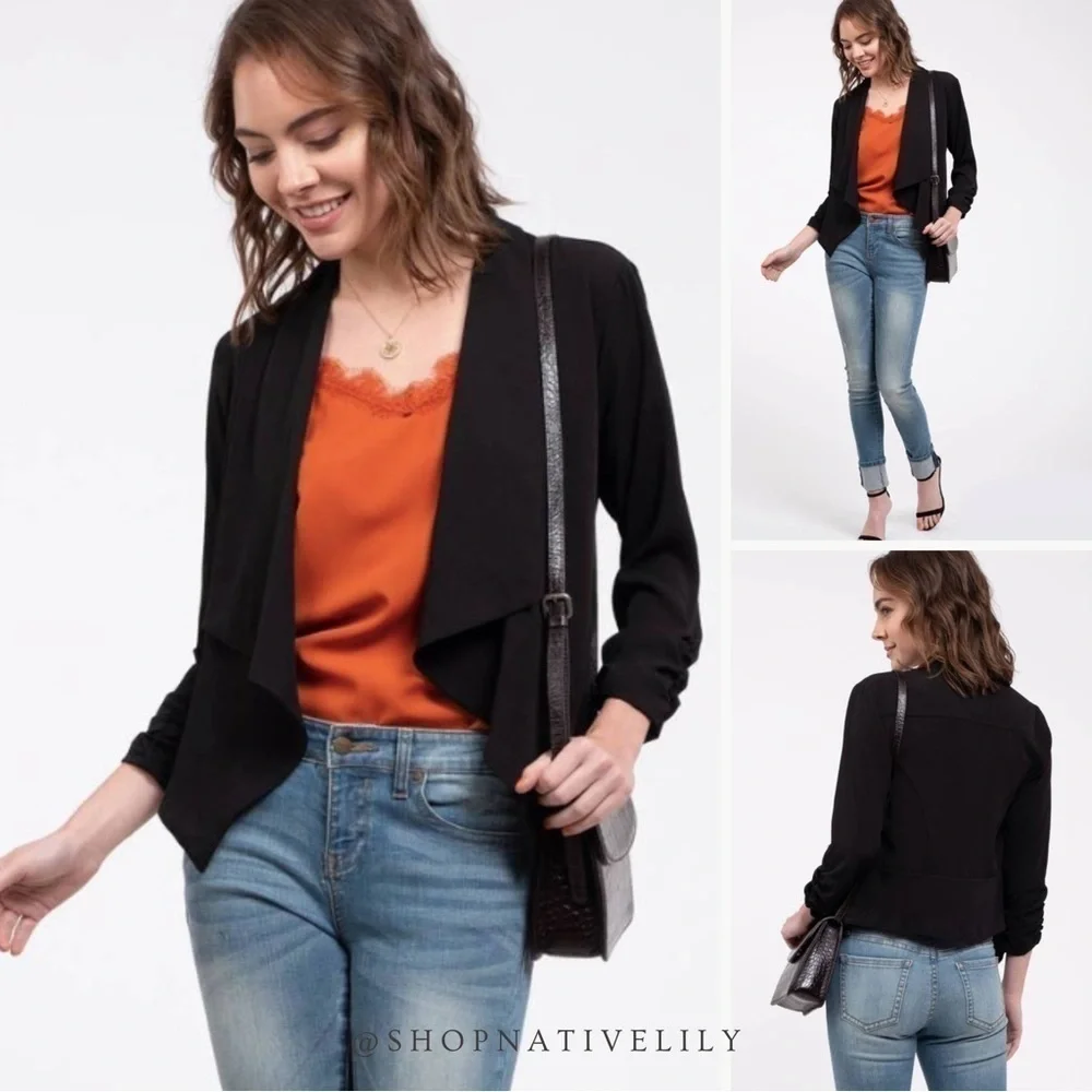 Mine Lightweight Blazer Jacket Size Small Black Open Front 3/4 Sleeve NWT - Picture 2 of 4